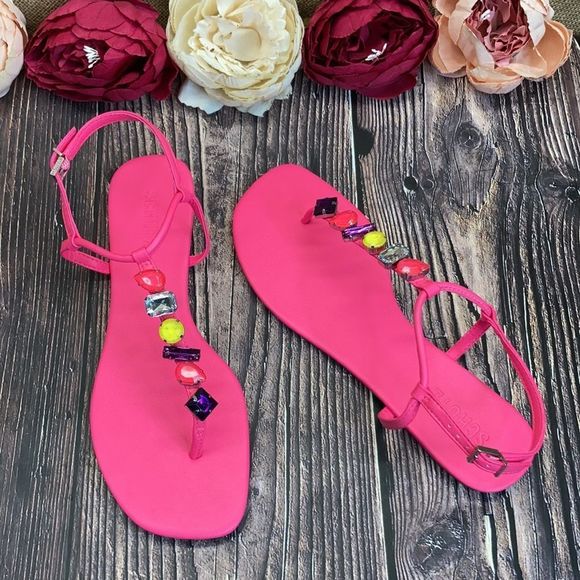 Schutz Neon Pink Eryl Embellished Thong Sandals 9B - Picture 3 of 8